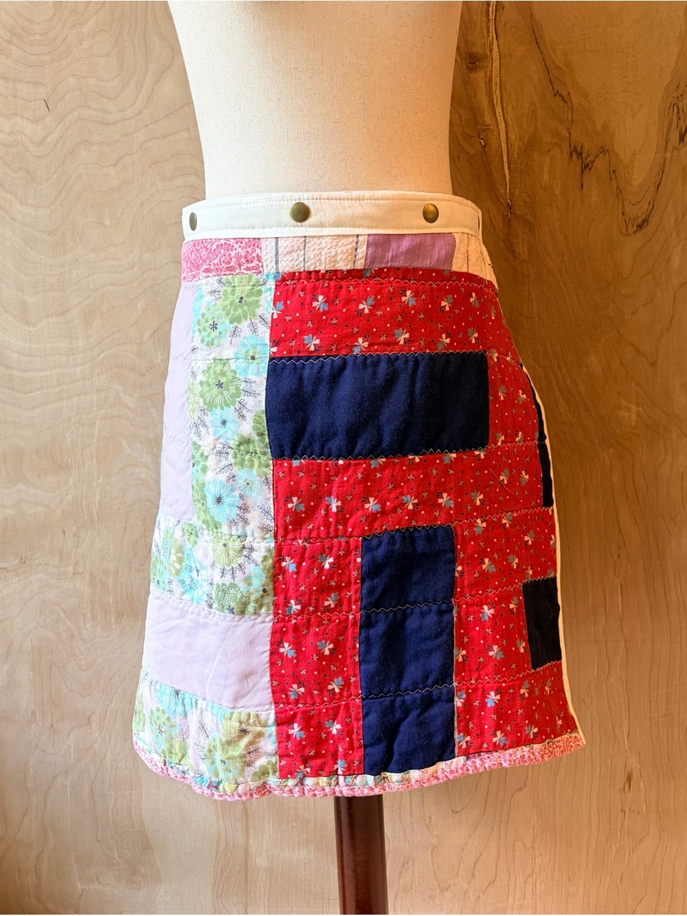 Patchwork Wrap Skirt in Red, Navy & Floral-Handmade from Vintage Quilt